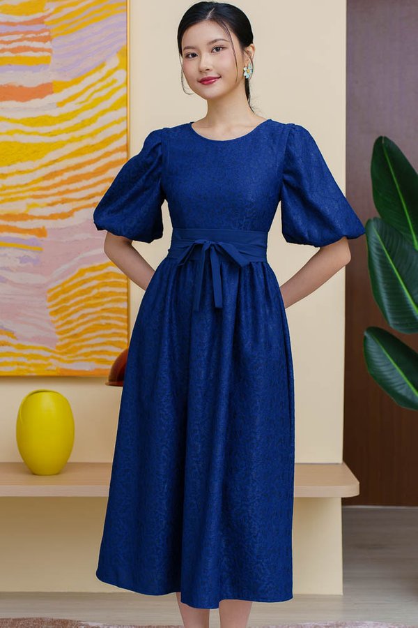 THEODORA LACE FLARE DRESS WITH DETACHABLE SLEEVES (NAVY)