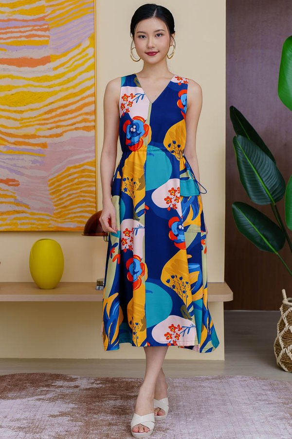 MILLIE PRINTED DRAWSTRING DRESS (ROYAL NAVY)