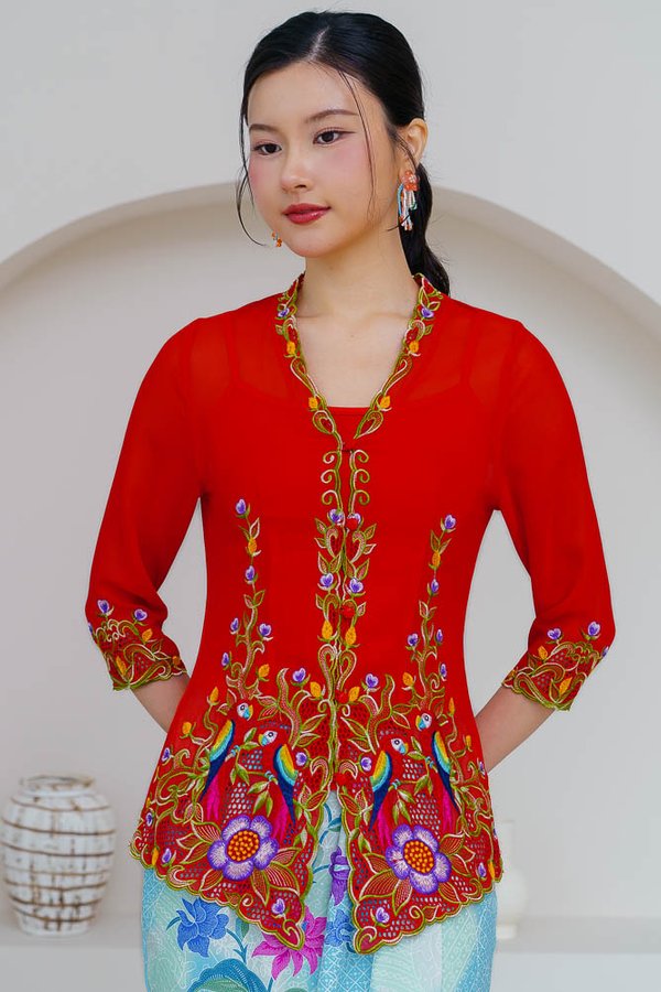 PARADIS AVIARY EMBROIDERY NYONYA KEBAYA (COLA RED)
