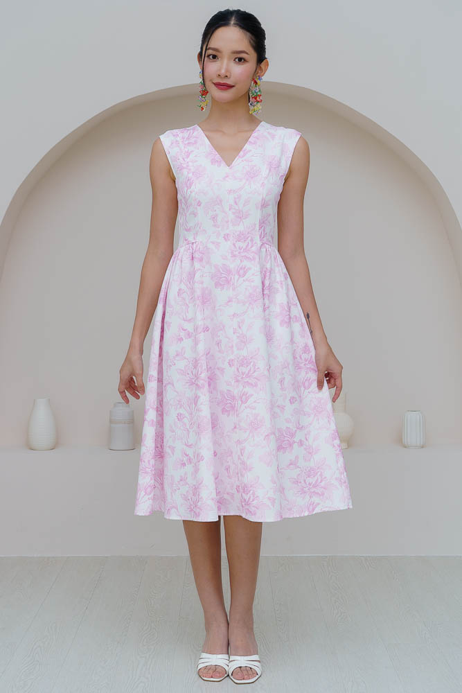 THE ENGLISH GARDEN V NECK FLARE DRESS (PINK TOILE) | Faire Belle