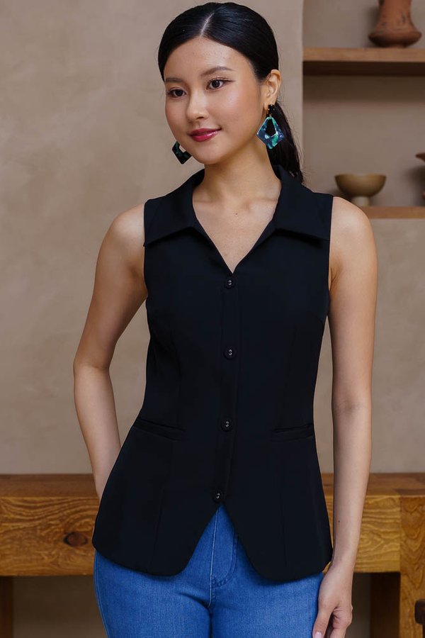CHERITH COLLARED VEST TOP (BLACK)
