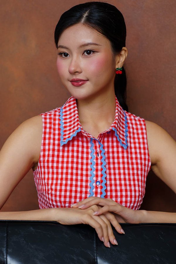 DESTINY GINGHAM RICK RACK SHIRT (VIVA RED)