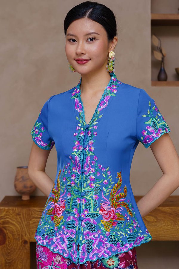 FLAMING PHOENIX EMBROIDERY NYONYA KEBAYA (CERULEAN BLUE)