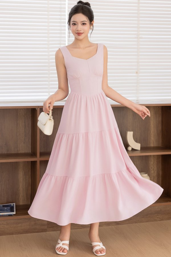 PENELOPE EMPIRE MIDI TIERED DRESS (BALLET SLIPPER PINK)