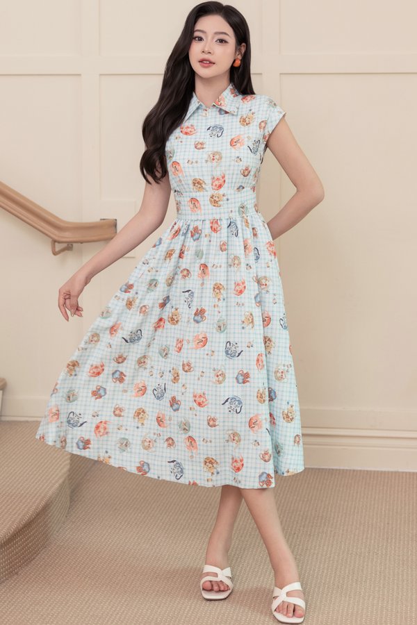 BEAR IN A TEAPOT PRINTED SHIRT DRESS (BLUE GINGHAM)