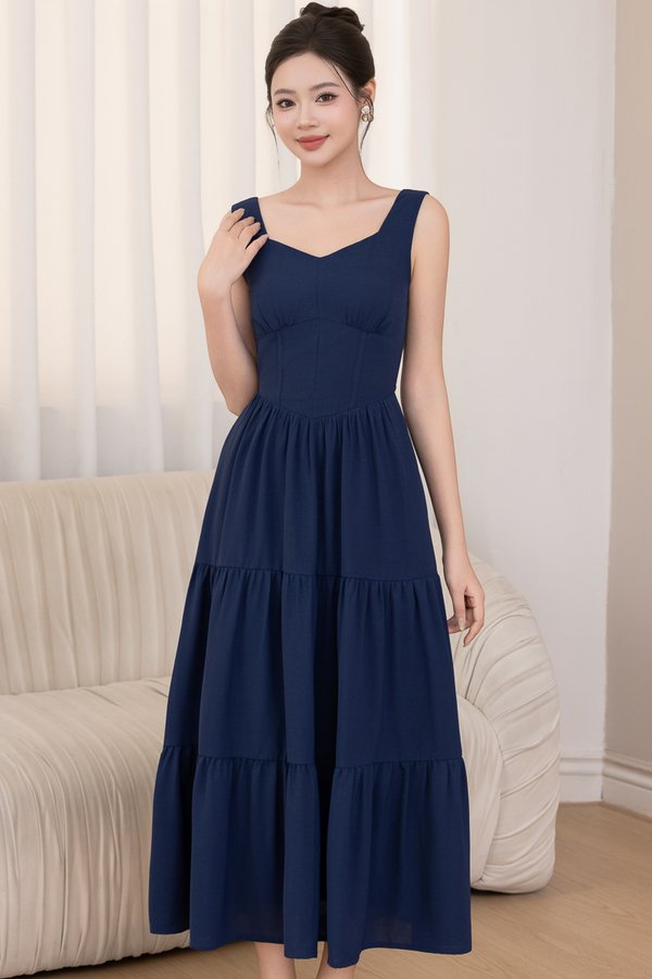 PENELOPE EMPIRE MIDI TIERED DRESS (ROYAL NAVY)