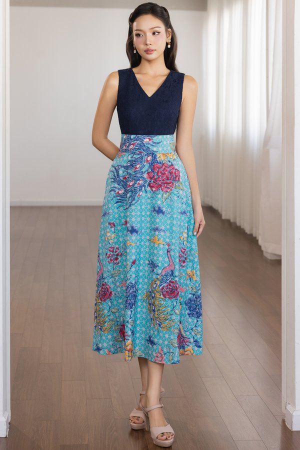 BALLAD OF BLOSSOMS PRINTED BATIK LACE DRESS (NAVY)