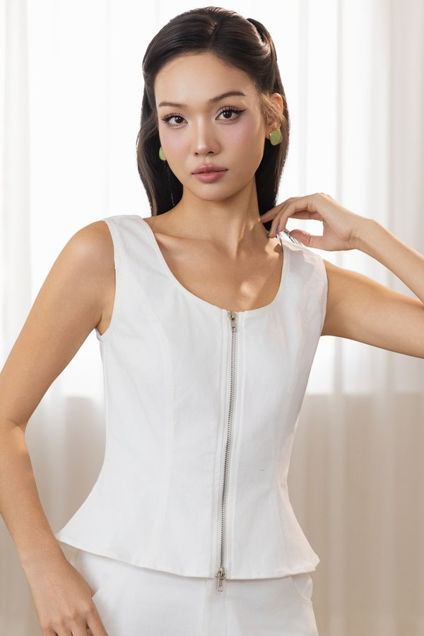ODESSA FRONT ZIP DENIM VEST (WHITE)