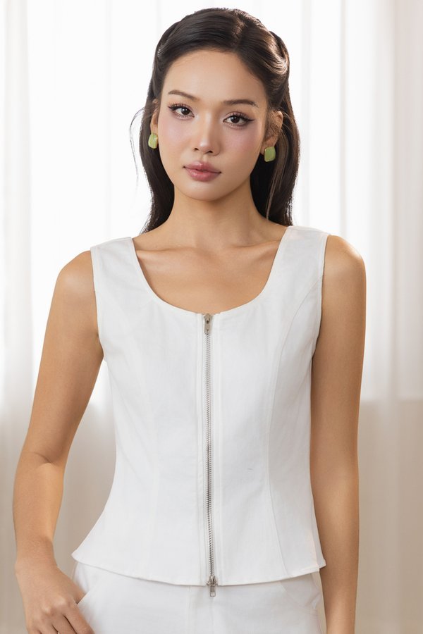 ODESSA FRONT ZIP DENIM VEST (WHITE)