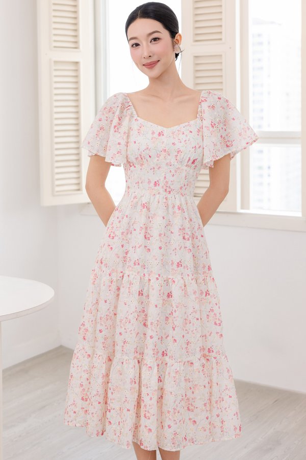 DESIREE FLUTTER SLEEVE EYELET DRESS (PINK FLORAL)