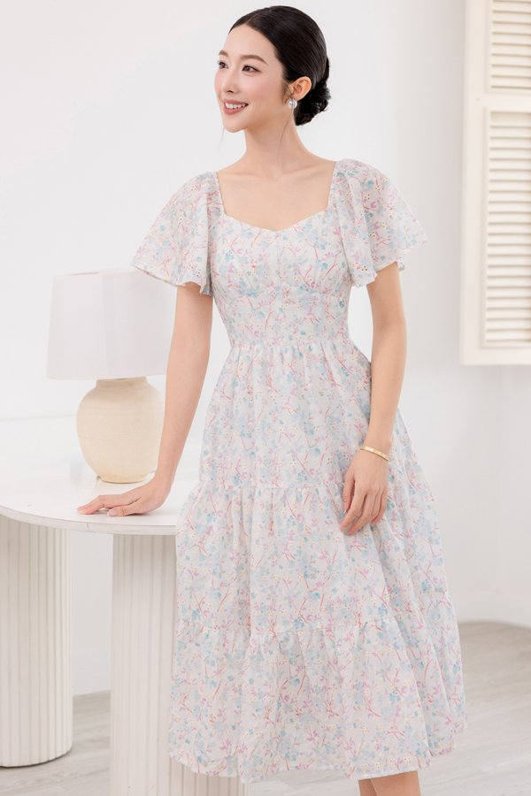 DESIREE FLUTTER SLEEVE EYELET DRESS (BLUE FLORAL)