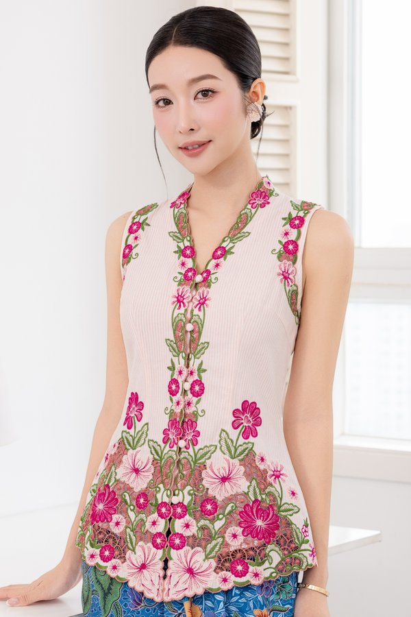 CALLA-LILY EMBROIDERY STRIPED NYONYA KEBAYA (TICKLED PINK)
