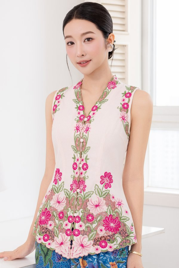 CALLA-LILY EMBROIDERY STRIPED NYONYA KEBAYA (TICKLED PINK)